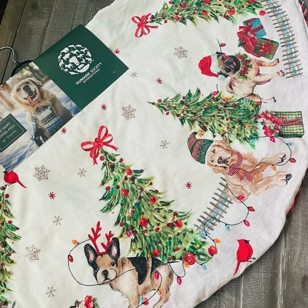 NWT Holiday Dogs Frenchie Pug Golden Retriever Christmas Tree Skirt